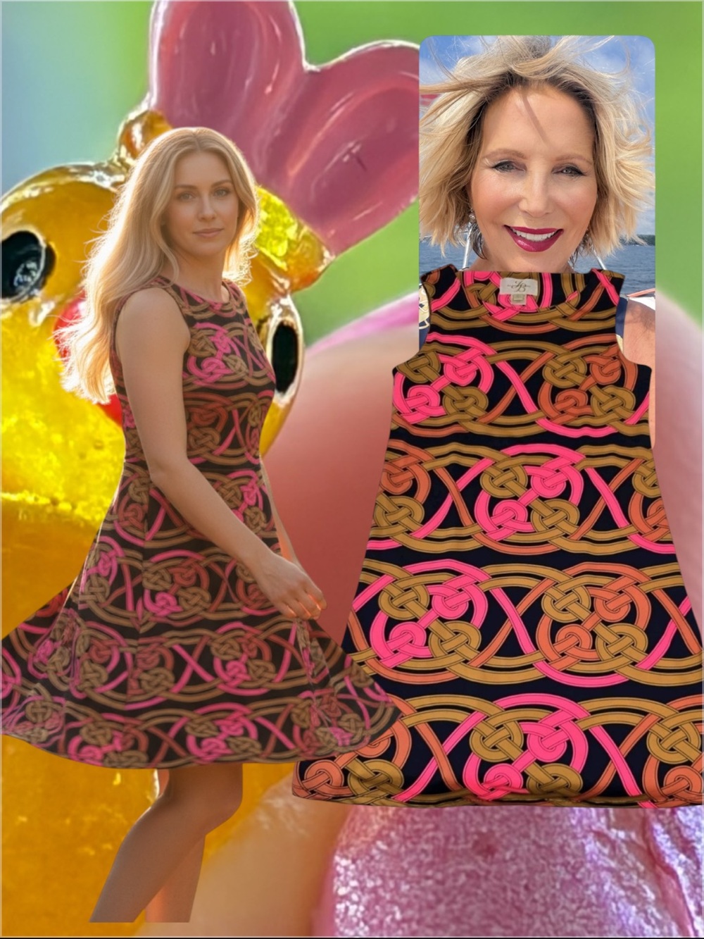JB by Julie Brown Black Mini Dress with Pink & Brown Knot Print